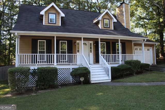 view of front of property featuring a front yard, a garage, and a porch