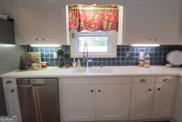 kitchen with dishwasher, white cabinetry, sink, and backsplash