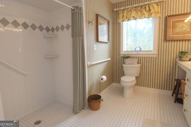 bathroom with toilet, a shower with shower curtain, and tile patterned floors