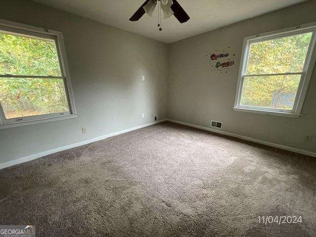 spare room featuring ceiling fan, carpet floors, and a wealth of natural light