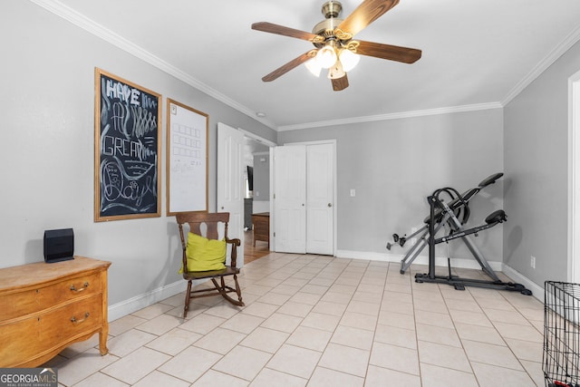 sitting room with light tile patterned flooring, ornamental molding, and ceiling fan