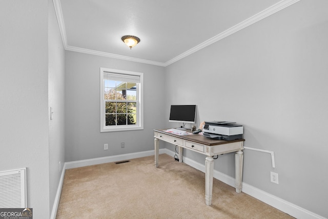 home office featuring light colored carpet and ornamental molding