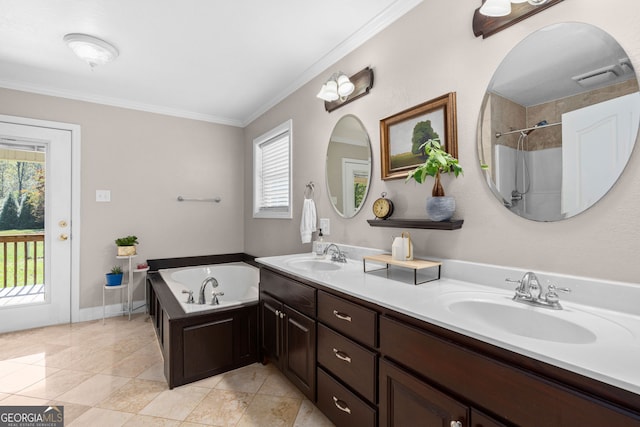 bathroom featuring ornamental molding, tile patterned floors, vanity, and a wealth of natural light