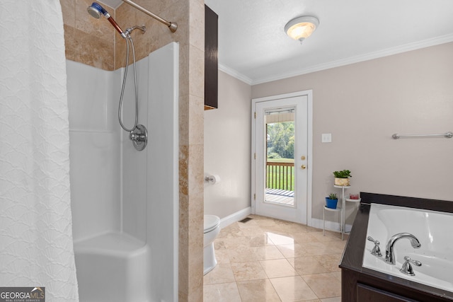 bathroom with tile patterned floors, crown molding, toilet, and independent shower and bath