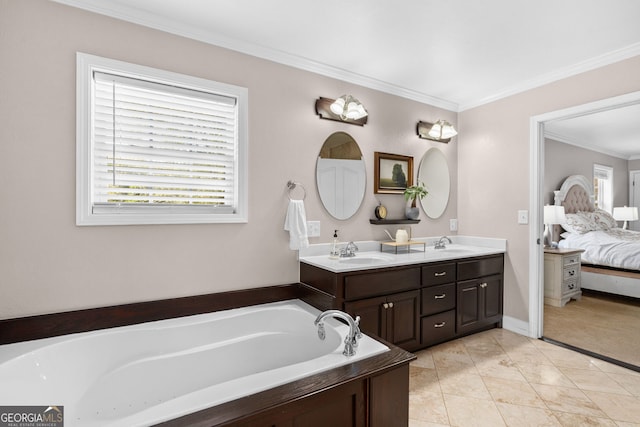 bathroom with tile patterned flooring, a bath, ornamental molding, and vanity