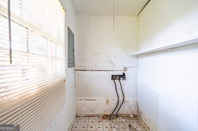 washroom with electric panel and hookup for a washing machine