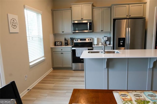 kitchen featuring appliances with stainless steel finishes, light wood-type flooring, tasteful backsplash, sink, and gray cabinets