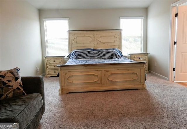 bedroom featuring multiple windows and light colored carpet