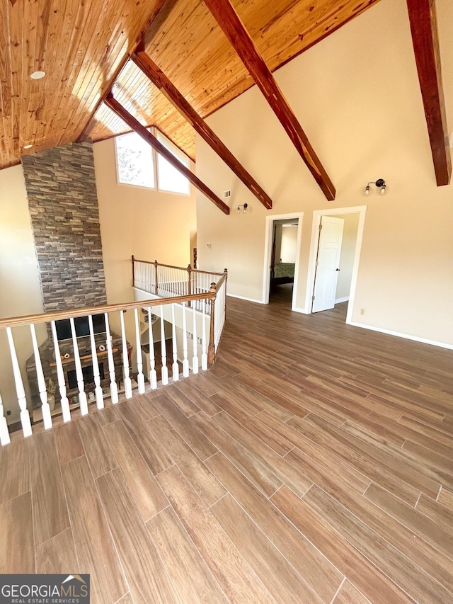 bonus room with high vaulted ceiling, wooden ceiling, wood-type flooring, and beam ceiling