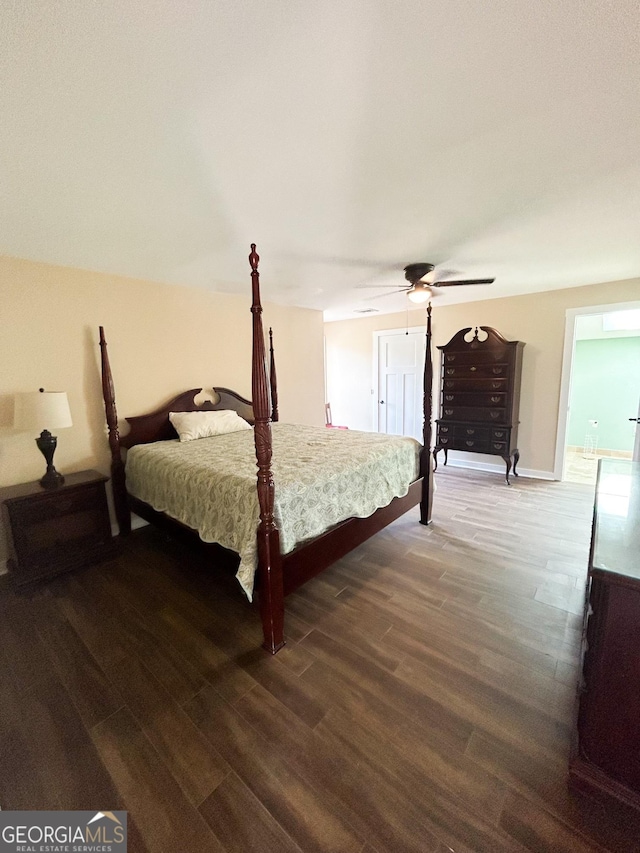 bedroom featuring hardwood / wood-style floors and ceiling fan