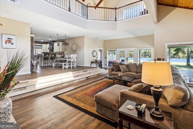 living room with a high ceiling and hardwood / wood-style floors