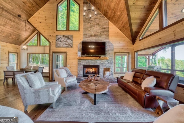 living room featuring high vaulted ceiling, wooden ceiling, wood-type flooring, wood walls, and a stone fireplace