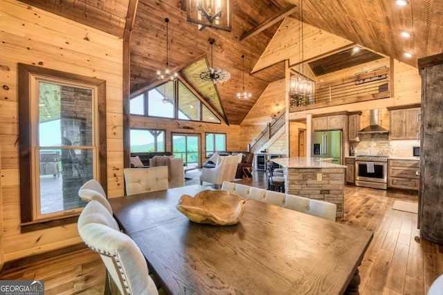 dining area with high vaulted ceiling, wood walls, wooden ceiling, and light hardwood / wood-style floors