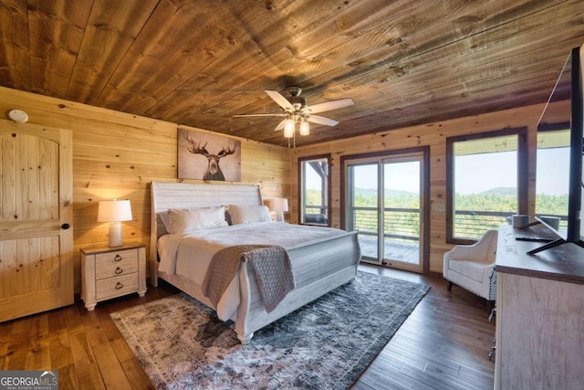 bedroom with wood ceiling, access to outside, wooden walls, dark wood-type flooring, and ceiling fan