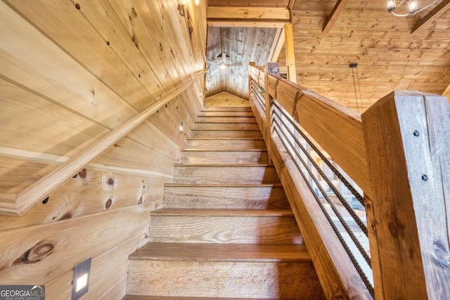 staircase featuring wooden walls and wood ceiling