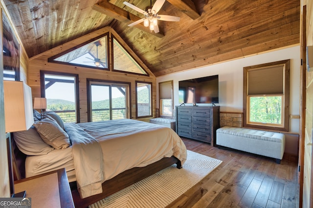 bedroom with access to outside, lofted ceiling with beams, hardwood / wood-style floors, ceiling fan, and wooden ceiling