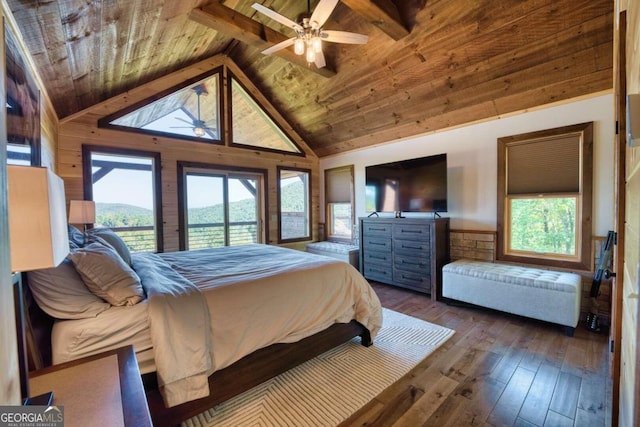 bedroom with vaulted ceiling with beams, dark hardwood / wood-style flooring, access to exterior, ceiling fan, and wooden ceiling