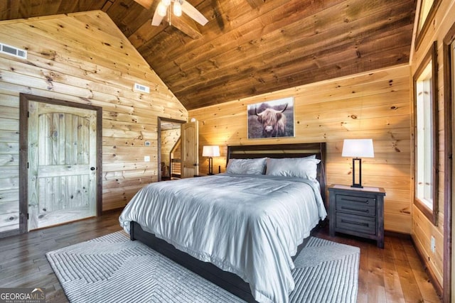 bedroom featuring wood ceiling, hardwood / wood-style floors, wooden walls, and ceiling fan