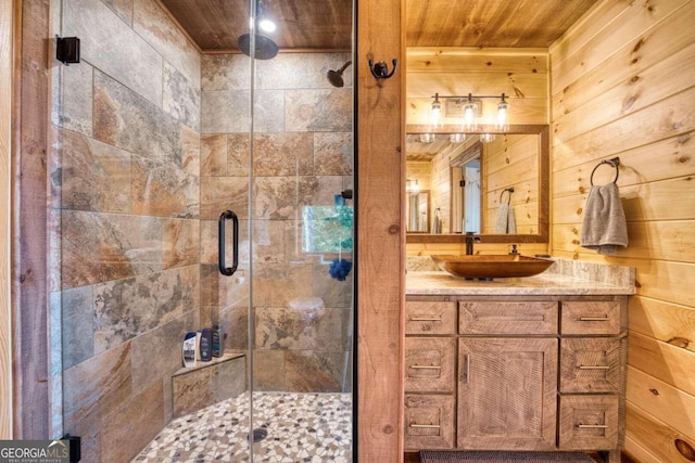 bathroom featuring vanity, wood ceiling, wood walls, and an enclosed shower