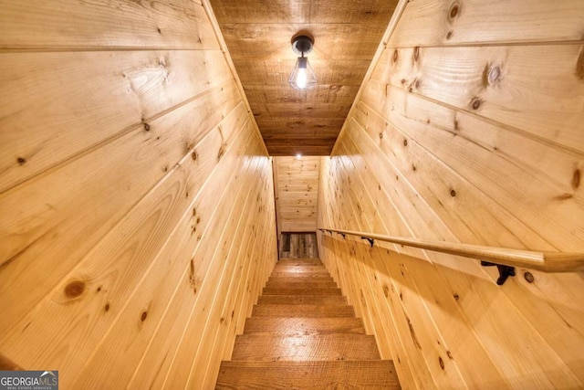 stairs featuring wooden ceiling, wooden walls, and wood-type flooring