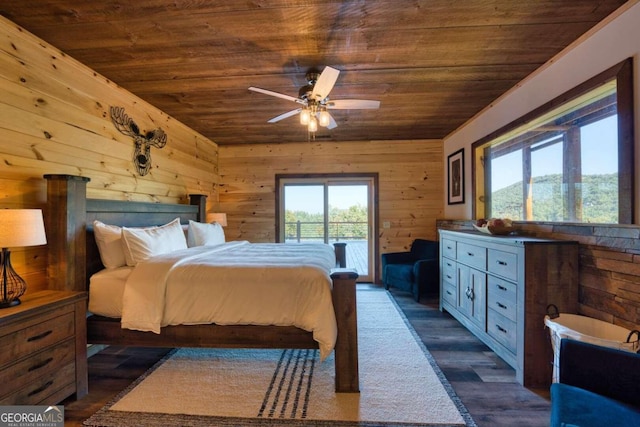 bedroom featuring wood walls, dark hardwood / wood-style floors, and wooden ceiling