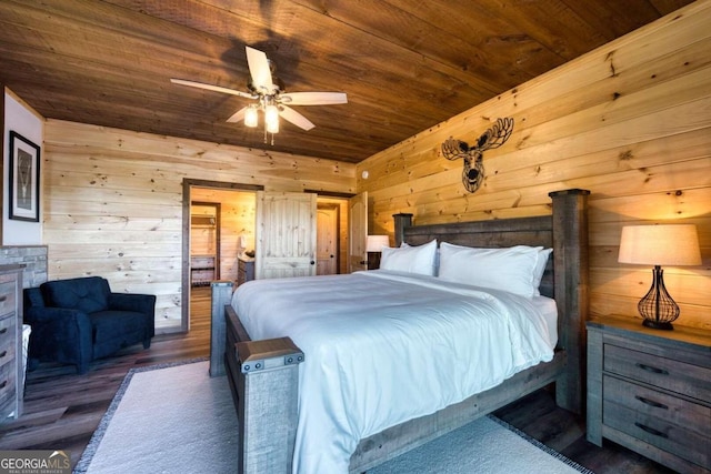 bedroom featuring dark wood-type flooring, ceiling fan, wood walls, and wood ceiling