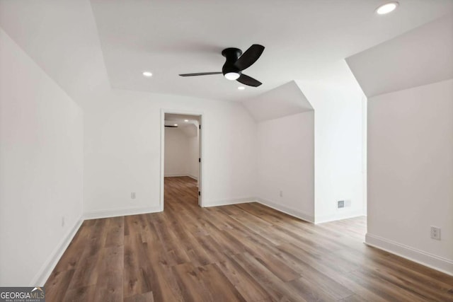 bonus room featuring lofted ceiling, ceiling fan, and hardwood / wood-style floors