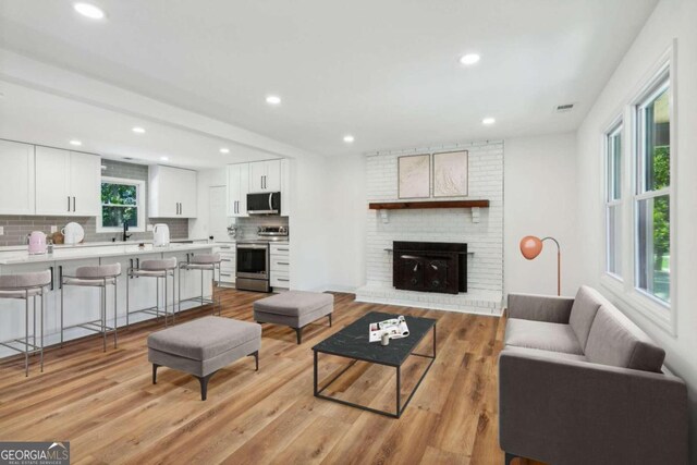 living room featuring a fireplace, a healthy amount of sunlight, and light hardwood / wood-style floors