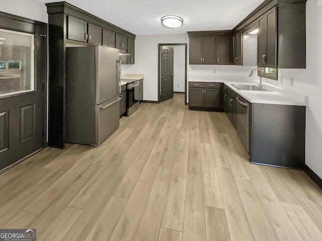 kitchen with a wealth of natural light, sink, light hardwood / wood-style flooring, appliances with stainless steel finishes, and dark brown cabinets