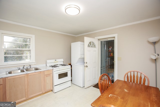 kitchen with white appliances, ornamental molding, sink, and light brown cabinets