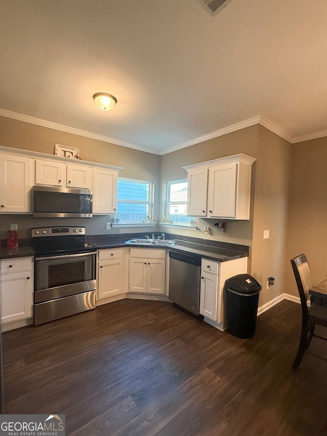 kitchen featuring crown molding, appliances with stainless steel finishes, dark hardwood / wood-style flooring, and sink