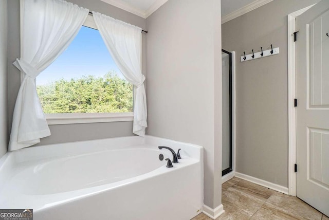 bathroom featuring shower with separate bathtub and crown molding