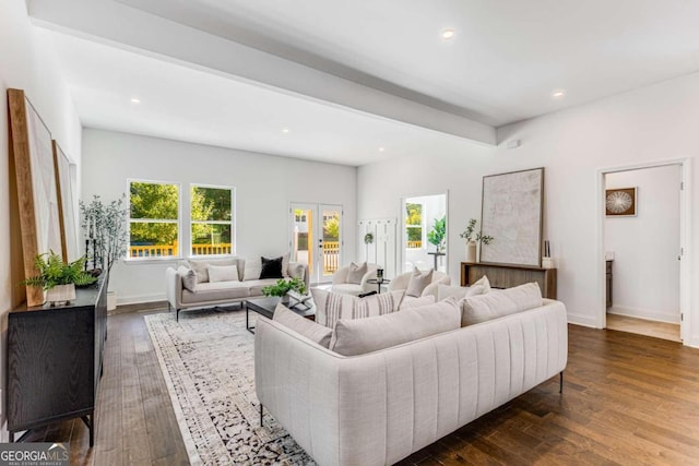 living room featuring dark wood-style flooring, french doors, and recessed lighting