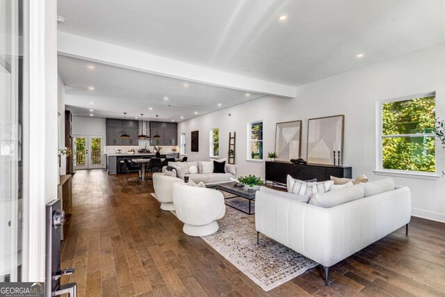 living room with beamed ceiling, dark hardwood / wood-style flooring, and a healthy amount of sunlight