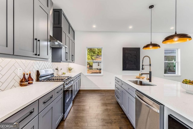 kitchen featuring backsplash, gray cabinets, a sink, stainless steel appliances, and dark wood-style floors