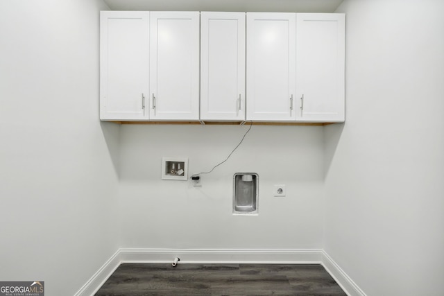 397 S Gordon Rd SW, Mableton, GA 30126 - laundry area featuring hookup for a washing machine, cabinet space, baseboards, and dark wood-style floors