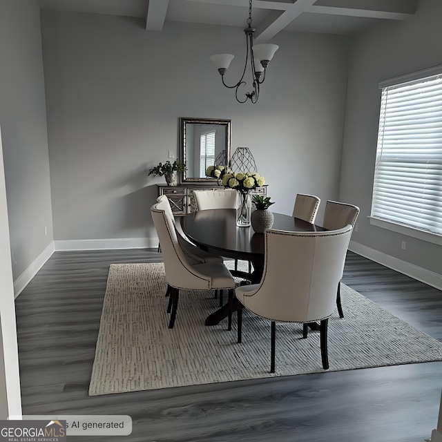 dining area with wood finished floors, beamed ceiling, baseboards, and a chandelier