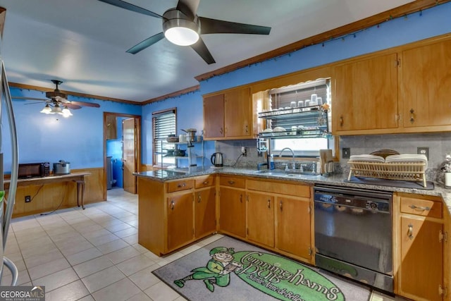 kitchen featuring light tile patterned flooring, kitchen peninsula, sink, tasteful backsplash, and black dishwasher