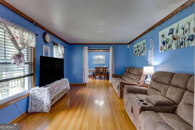 living room with ornamental molding, hardwood / wood-style flooring, a healthy amount of sunlight, and an inviting chandelier