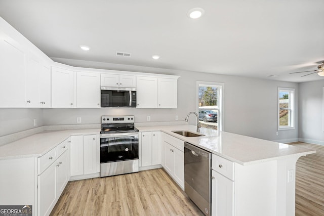 kitchen with stainless steel appliances, sink, white cabinetry, kitchen peninsula, and plenty of natural light