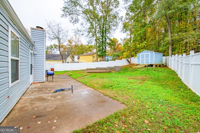 view of yard featuring a patio and a storage unit