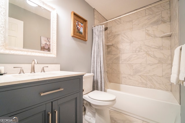 full bathroom with shower / tub combo with curtain, vanity, and toilet