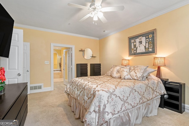 bedroom featuring crown molding, light colored carpet, and ceiling fan