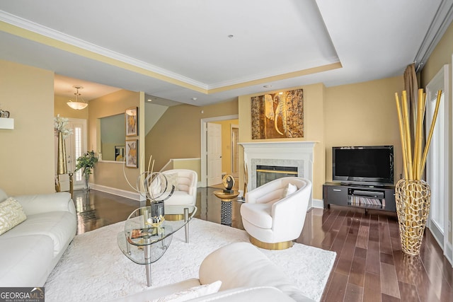 living room featuring a raised ceiling, ornamental molding, a high end fireplace, and dark hardwood / wood-style flooring