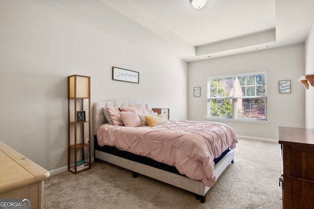 bedroom featuring a tray ceiling and carpet