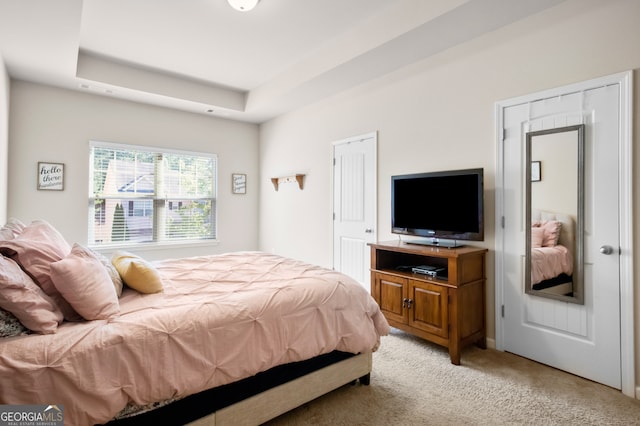 bedroom featuring a tray ceiling and light carpet