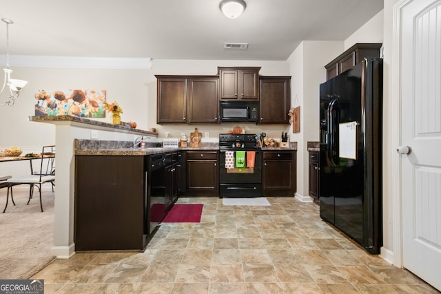 kitchen with pendant lighting, black appliances, dark brown cabinetry, and crown molding