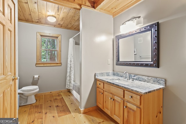 bathroom featuring vanity, beamed ceiling, hardwood / wood-style flooring, wooden ceiling, and toilet