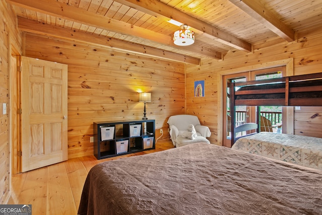 bedroom featuring wood walls, wooden ceiling, beam ceiling, and light wood-type flooring