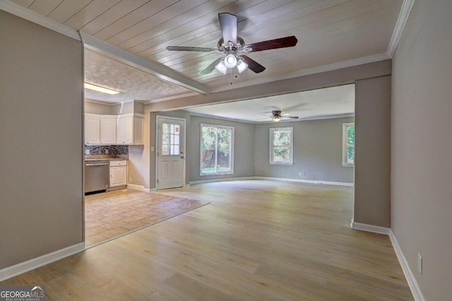 unfurnished living room featuring light wood-type flooring, wooden ceiling, ceiling fan, and crown molding